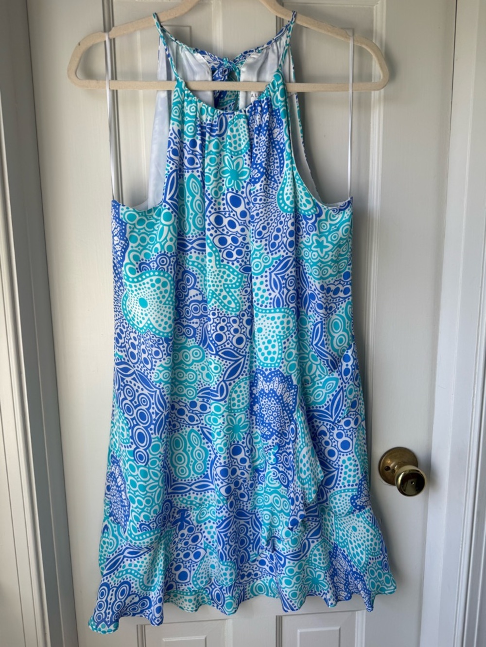 Alice & Trixie Blue and Aqua Print Halter Dress with Tie Straps